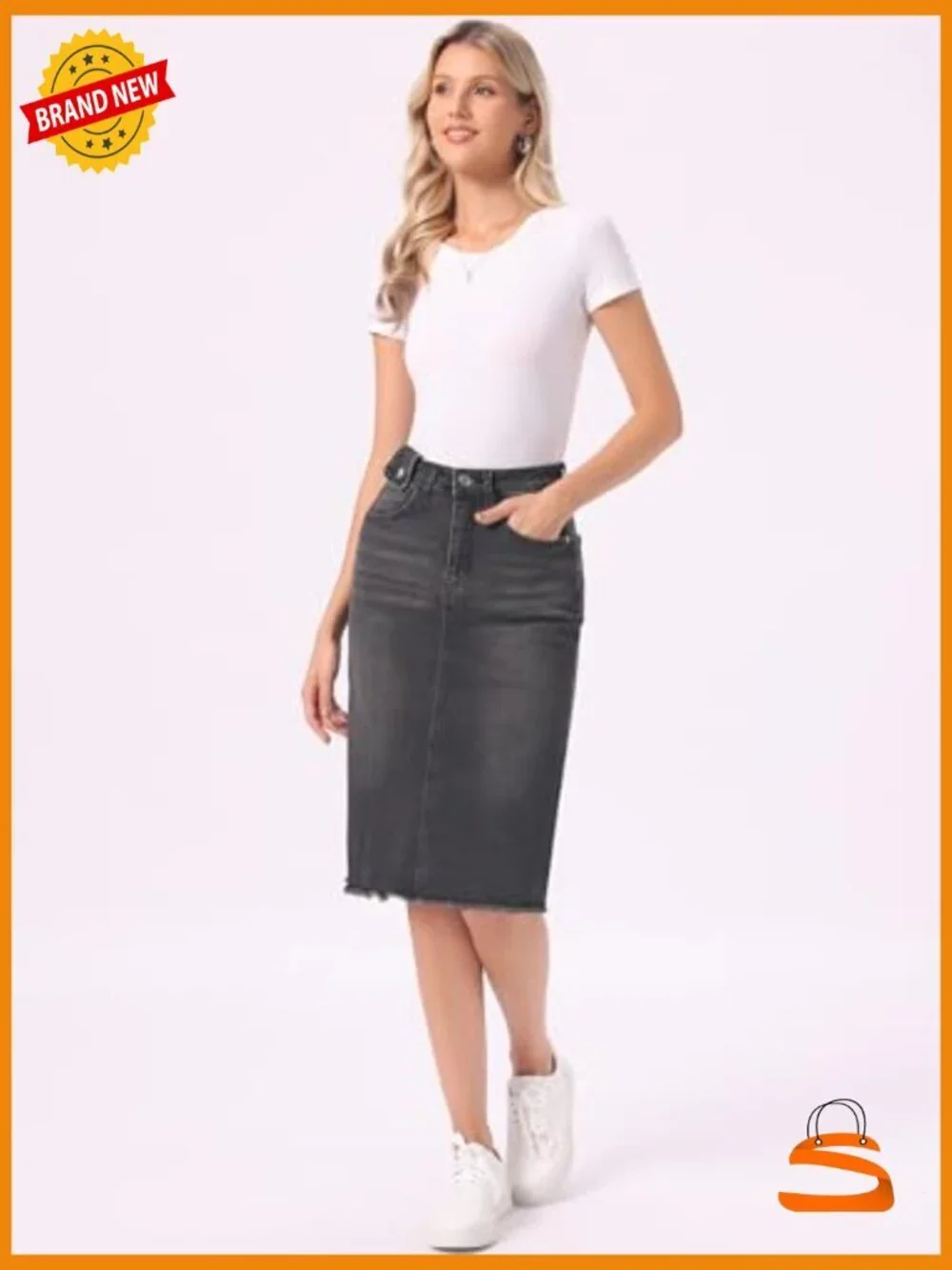 High Waist Denim Midi Skirt Back Slit Raw Hem Stretch Casual
